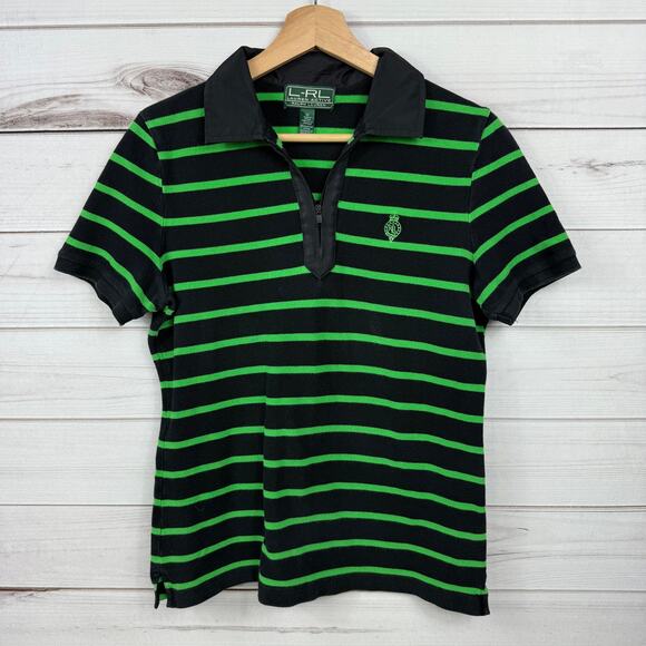 L-RL Lauren Active Ralph Lauren Striped Black Green Zip Polo Top Size M - Picture 1 of 8